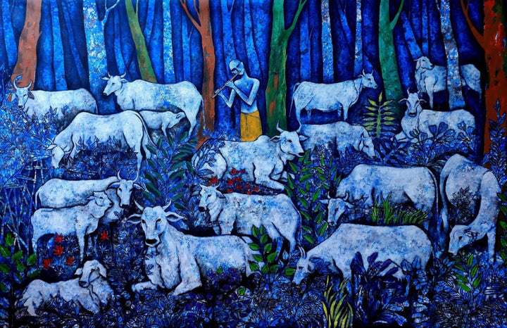 Figurative acrylic painting titled 'The Cattlemans Music', 48x72 inch, by artist Ranjith Raghupathy on Canvas