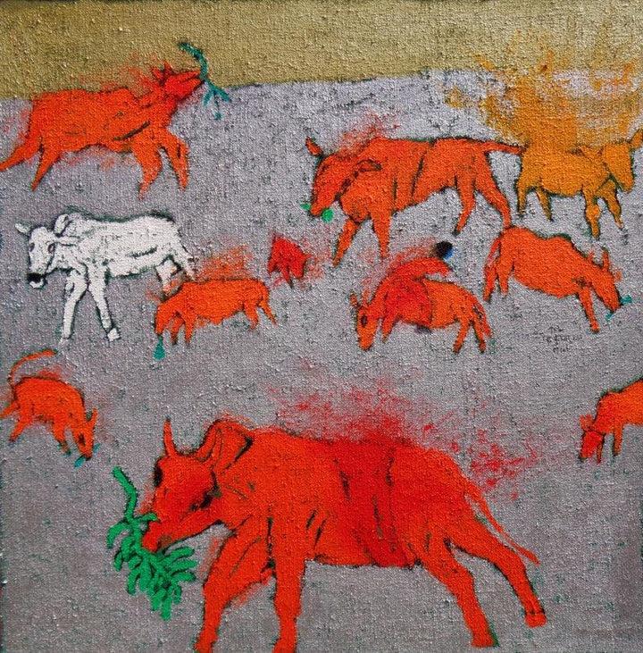 contemporary acrylic painting titled 'Cattles Of My Village', 32x31 inches, by artist Kumar Ranjan on canvas