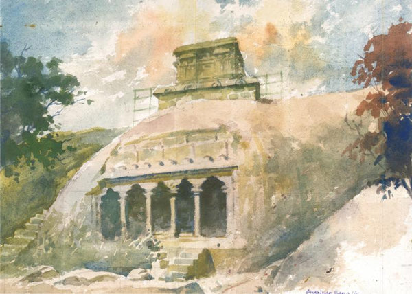 Scenic watercolor painting titled 'Cave', 11x14 inches, by artist Sankara Babu on Paper