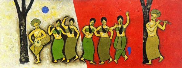 Figurative mixed media painting titled 'Celebration', 13x32 inches, by artist Chetan Katigar on Canvas