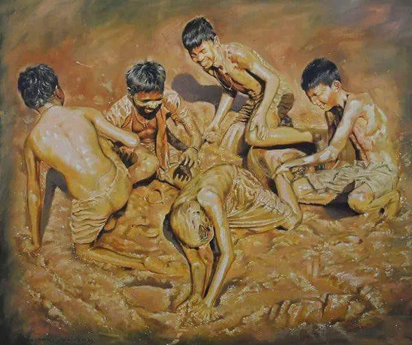 Figurative oil painting titled 'Celebration Born To Live 1', 48x48 inches, by artist Jitendra Gaikwad on Canvas