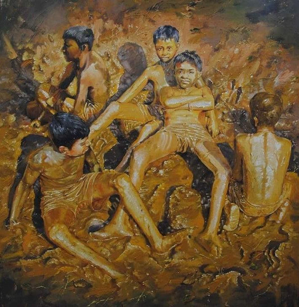 Figurative oil painting titled 'Celebration Born To Live 2', 48x48 inches, by artist Jitendra Gaikwad on Canvas