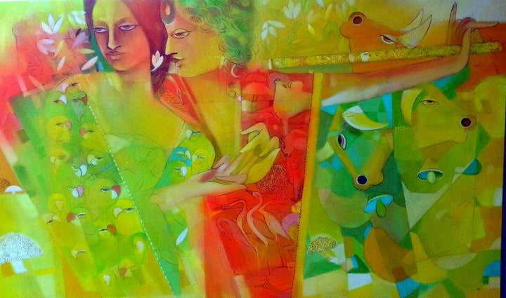 Figurative acrylic painting titled 'Celebration Enthrall', 36x60 inches, by artist Madan Lal on Canvas