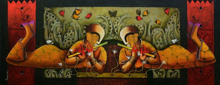 contemporary acrylic painting titled 'Celestial Beauty and her Musical Trance', 96x36 inches, by artist Anupam Pal on canvas