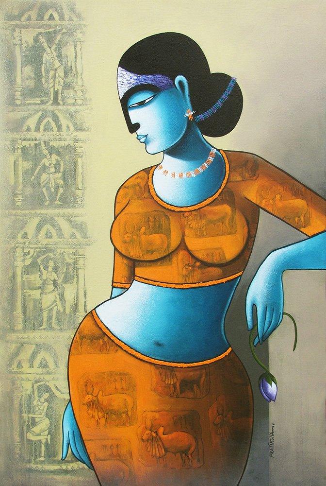 Figurative acrylic painting titled 'Celestial Beauty in Memory Of Harappa 1', 24x36 inches, by artist Pratiksha Bothe on Canvas