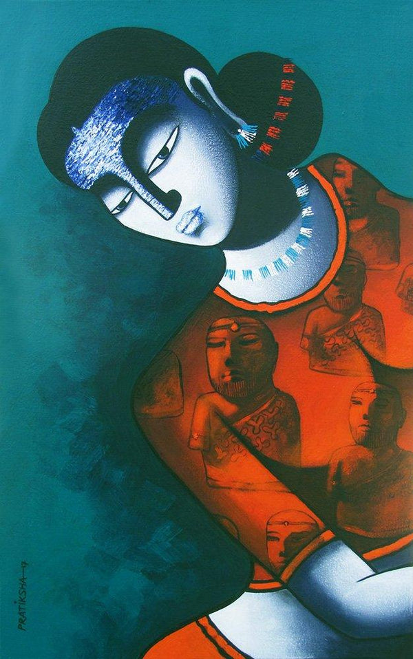 Figurative acrylic painting titled 'Celestial Beauty in Memory Of Harappa 2', 15x24 inches, by artist Pratiksha Bothe on Canvas