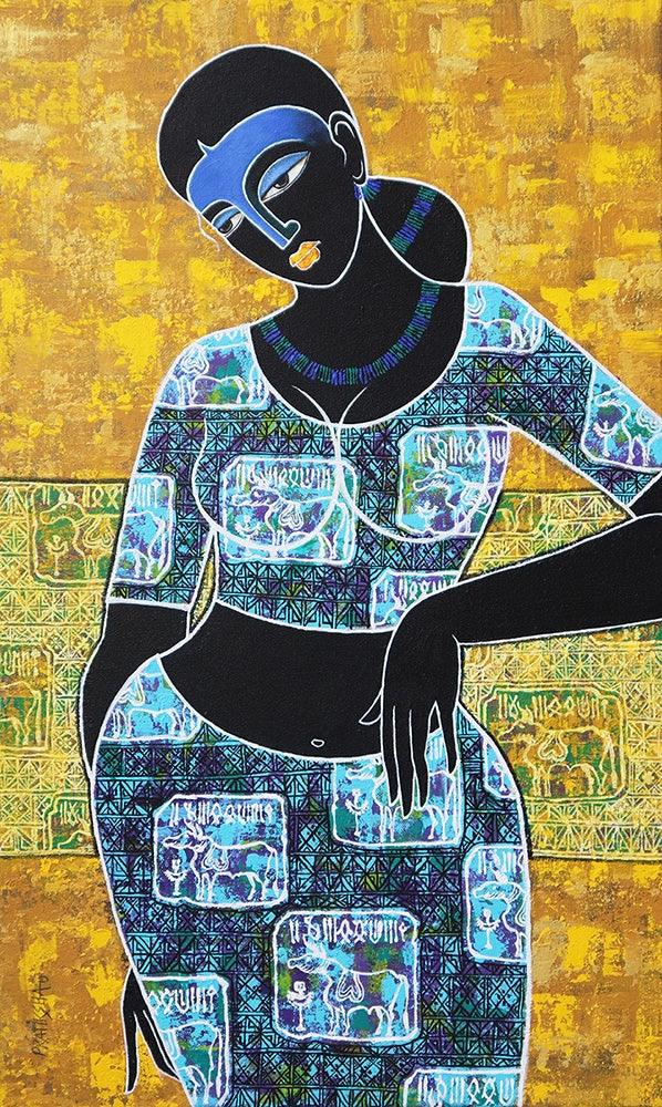 Figurative acrylic painting titled 'Celestial Beauty In Memory Of Harappa', 30x18 inches, by artist Pratiksha Channekar on Canvas