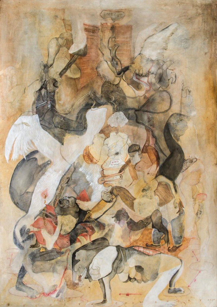 contemporary mixed media painting titled 'Cha Kaku', 41x30 inches, by artist Susmita Chowdhury on Paper