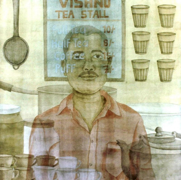 Figurative watercolor painting titled 'Chai Waala', 31x31 inches, by artist Gulab Kapadiya on Paper