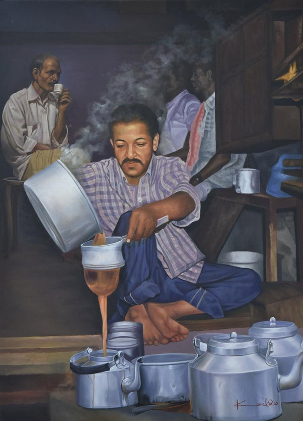 Figurative oil painting titled 'Chai Walla', 35x48 inches, by artist Kamal Rao on Canvas