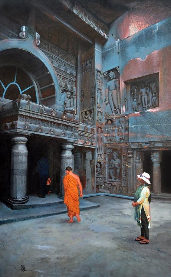 Cityscape oil painting titled 'Chaitya Griha 1', 59x37 inches, by artist Raju More on Canvas