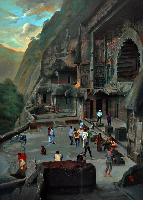 Cityscape oil painting titled 'Chaitya Griha 2', 48x35 inches, by artist Raju More on Canvas