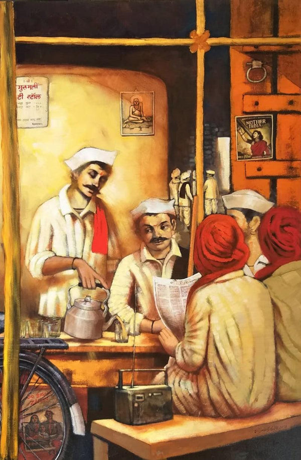 Figurative acrylic painting titled 'Chaiwala Series 1', 72x48 inches, by artist Vijay Gille on Canvas