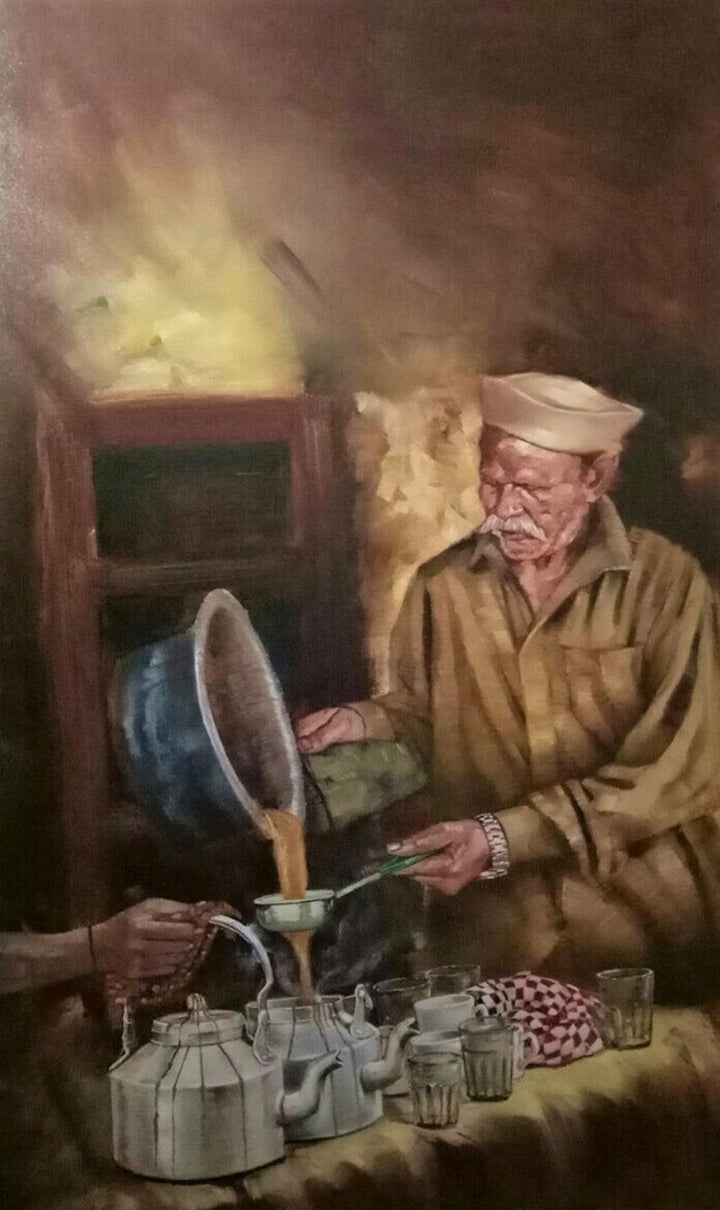 Figurative oil painting titled 'Chaiwala Series 2', 60x36 inches, by artist Vijay Gille on Canvas