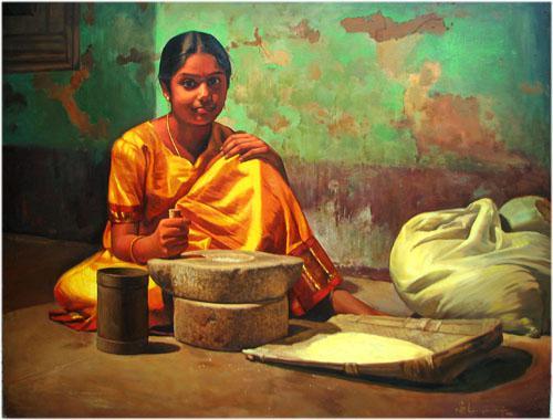 Figurative oil painting titled 'Chakki', 18x24 inches, by artist S  Elayaraja on Canvas