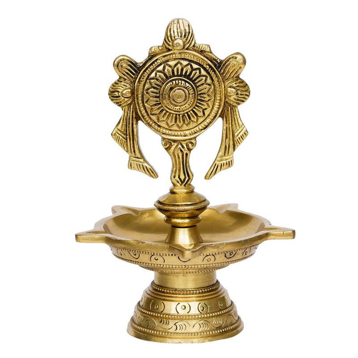 Religious handicraft titled 'Chakra Diya With 5 Wicks', 6x4x4 inches, by artist Brass Handicrafts on Brass