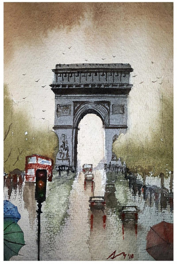 Cityscape watercolor painting titled 'Champs De Elysees Paris France', 11x7 inches, by artist Arunava Ray on Paper