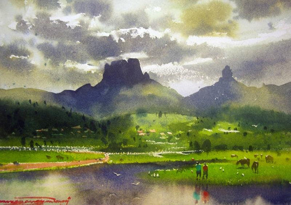 Landscape watercolor painting titled 'Chanderi Fort', 11x14 inches, by artist RAKESH SURYAWANSHI on Paper