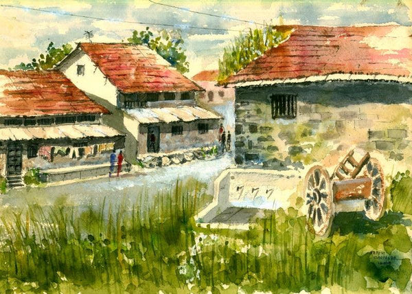 Landscape watercolor painting titled 'Chandrapur Houses', 10x14 inches, by artist Ramessh Barpande on Paper