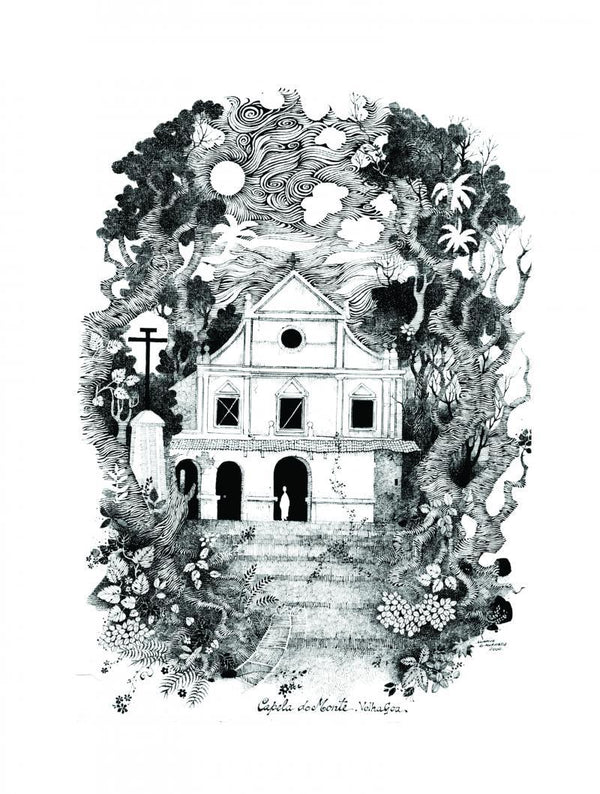 Cityscape pen ink painting titled 'Chapel on the Monte (1982)', 29x21 inches, by artist Mario Miranda on Paper