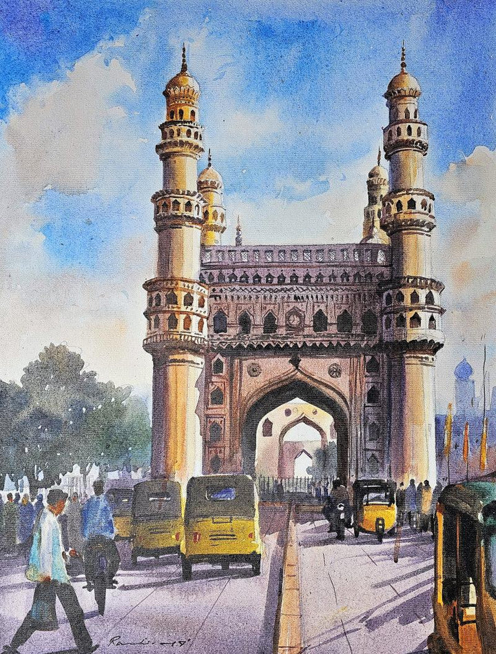 Cityscape acrylic painting titled 'Char Minar Hyderabad', 24x18 inches, by artist Ranabir Saha on Canvas