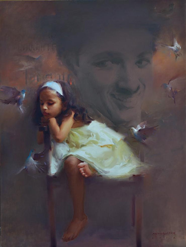 Figurative oil painting titled 'Charlie's Tweet', 48x36 inches, by artist Pramod Kurlekar on Canvas