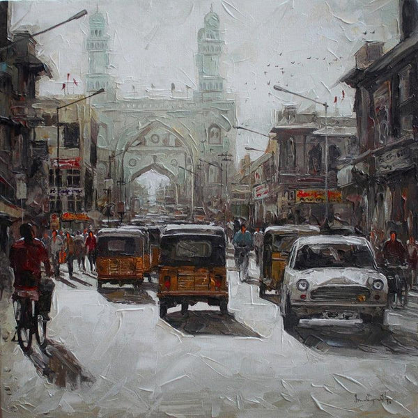 Cityscape acrylic painting titled 'Charminar 1', 24x24 inches, by artist Iruvan Karunakaran on Canvas