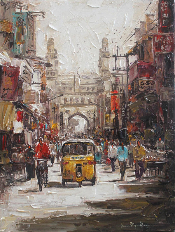 Cityscape acrylic painting titled 'Charminar 2', 24x18 inches, by artist Iruvan Karunakaran on Canvas