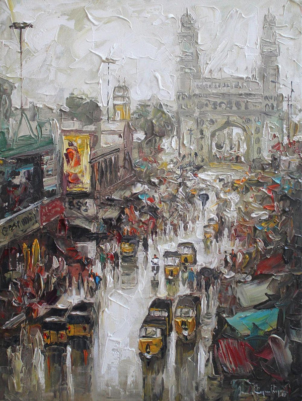 Cityscape acrylic painting titled 'Charminar 3', 24x18 inches, by artist Iruvan Karunakaran on Canvas