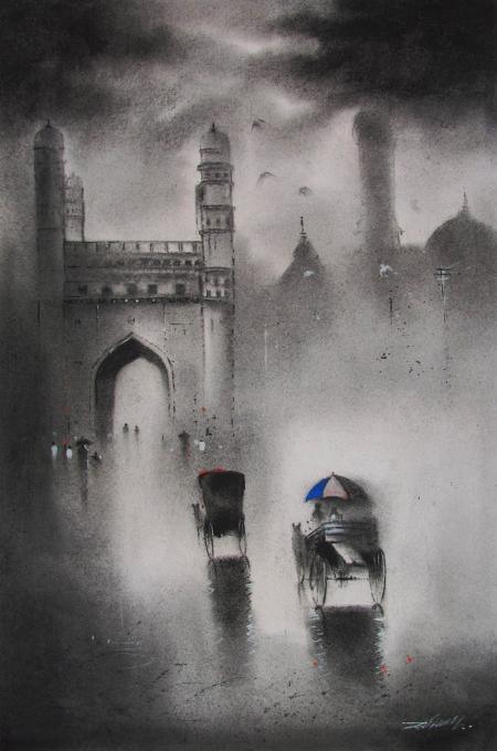 Cityscape acrylic painting titled 'Charminar', 27x18 inches, by artist Somnath Bothe on Paper