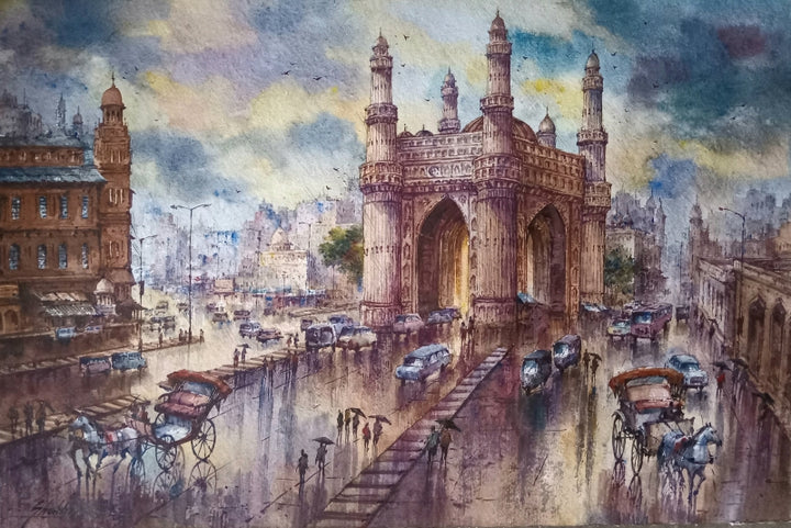 Cityscape watercolor painting titled 'Charminar In Hyderabad 3', 15x22 inch, by artist Shubhashis Mandal on Handmade Paper