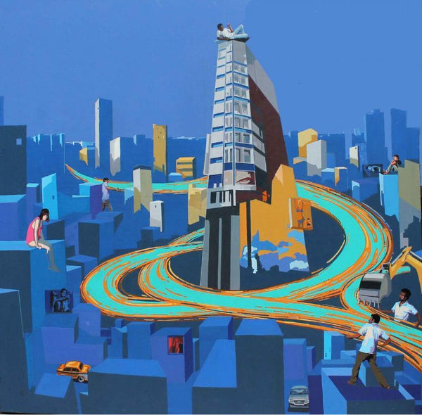 Fantasy acrylic painting titled 'Charming The City', 48x48 inches, by artist Abhijit Paul on Canvas