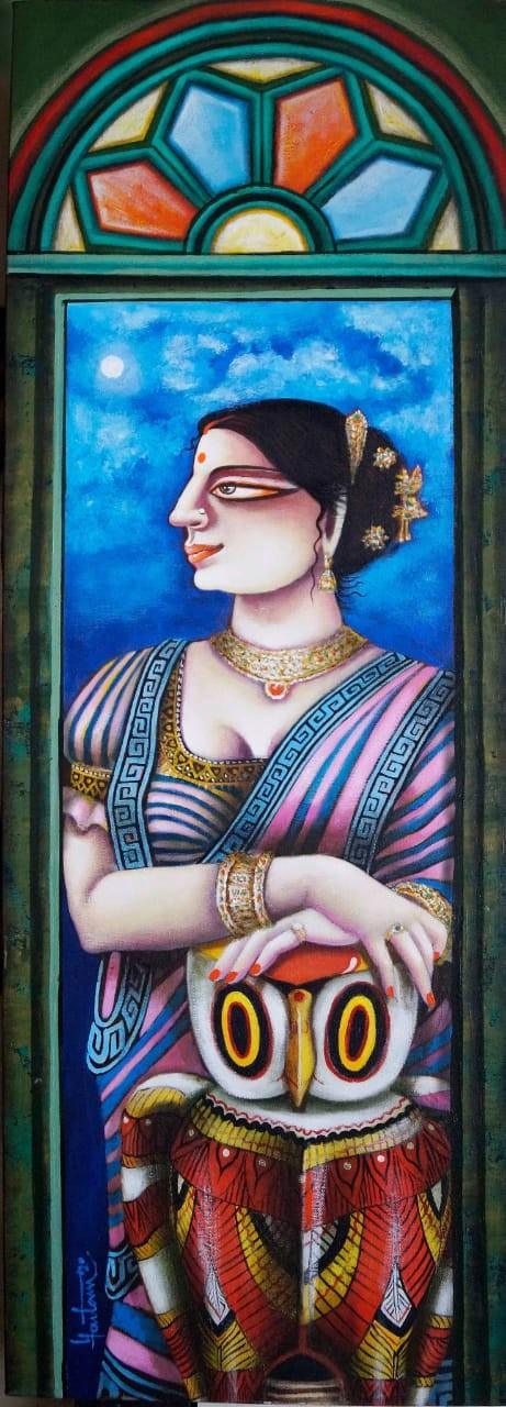 Figurative acrylic painting titled 'Charulata 2', 35x13 inches, by artist Gautam Mukherjee on Canvas