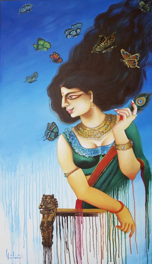 Figurative acrylic painting titled 'Charulata 3', 48x28 inches, by artist Gautam Mukherjee on Canvas