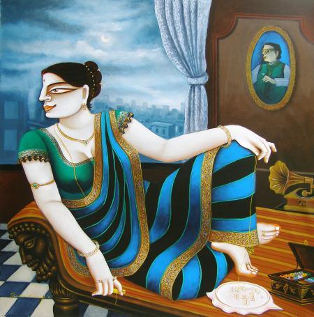 Figurative acrylic painting titled 'Charulata', 27x27 inches, by artist Gautam Mukherjee on Canvas