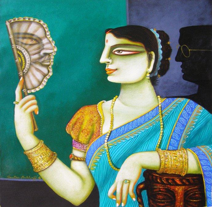 Figurative acrylic painting titled 'Charulata I', 18x18 inches, by artist Gautam Mukherjee on Canvas