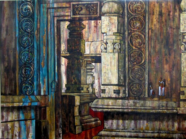 Realistic oil painting titled 'Chat In Temple Courtyard', 96x72 inches, by artist Suruchi Jamkar on Canvas