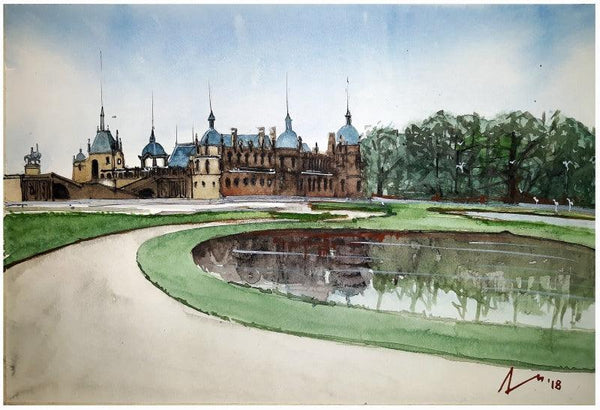 Cityscape watercolor painting titled 'Chateau De Chantilly France', 7x11 inches, by artist Arunava Ray on Paper