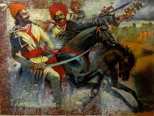 Figurative acrylic painting titled 'Chatrapati Shivaji Maharaj And Mavla', 72x96 inches, by artist Vijay Gille on Canvas