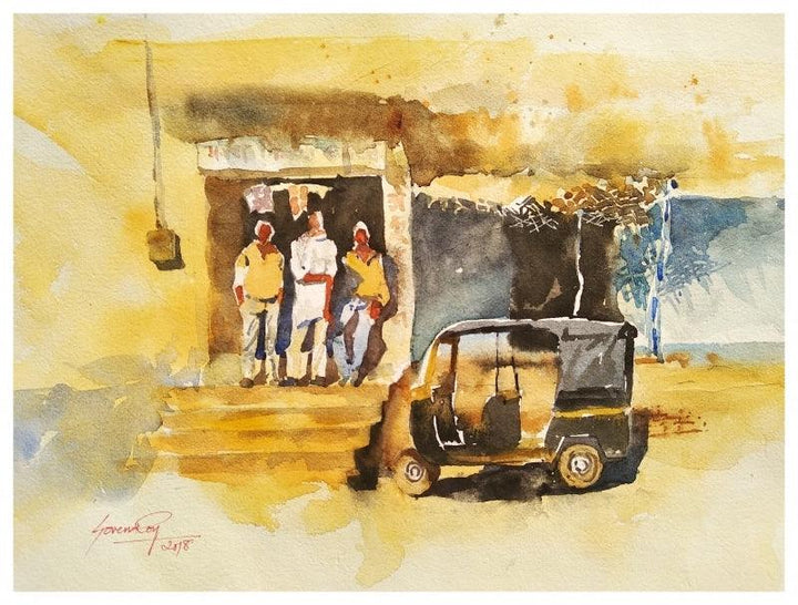 Cityscape watercolor painting titled 'Chatting', 14x10 inches, by artist Soven Roy on Handmade Paper