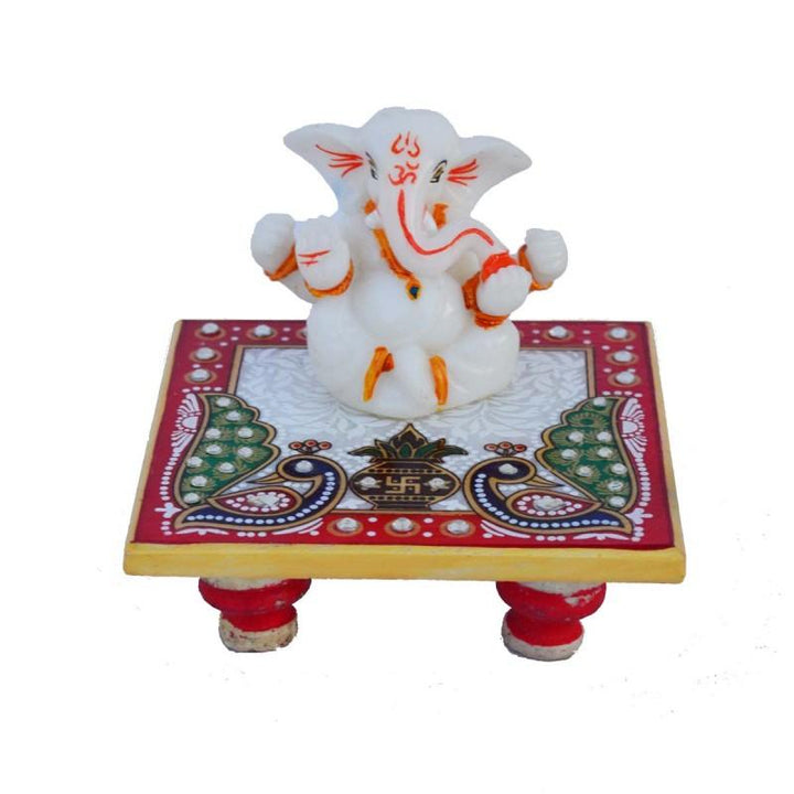 Religious craft titled 'Chaturbhuj Lord Ganesha on Marble Chowki', 4x4x4 inches, by artist E Craft on Marble