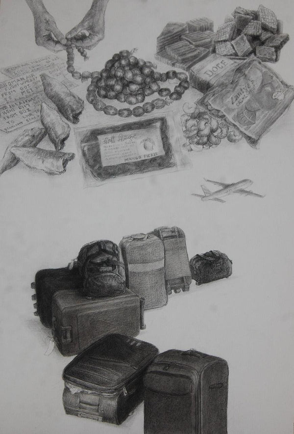 Still-life mixed media drawing titled 'Check In', 21x14 inches, by artist Loretti Pinto on Paper