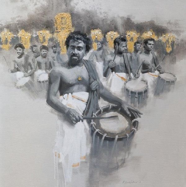 Figurative acrylic painting titled 'Chenda Melam 1', 36x36 inches, by artist Pankaj Bawdekar on Canvas