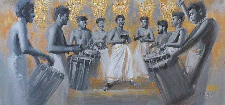 Figurative acrylic painting titled 'Chenda Melam 2', 28x60 inches, by artist Pankaj Bawdekar on Canvas