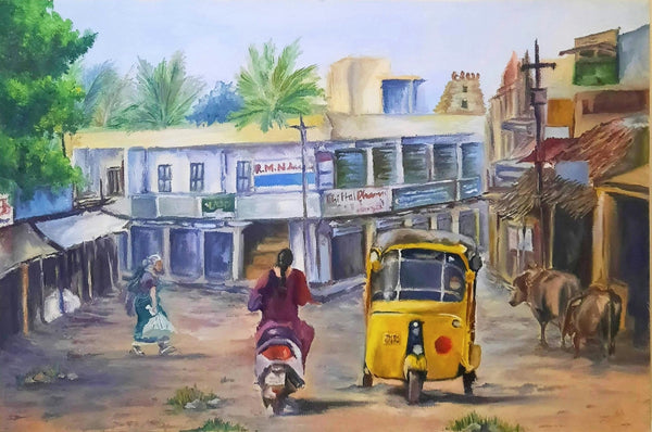 Cityscape oil painting titled 'Chennai Street', 8x12 inch, by artist Subhashree Sridhar on Canvas Board