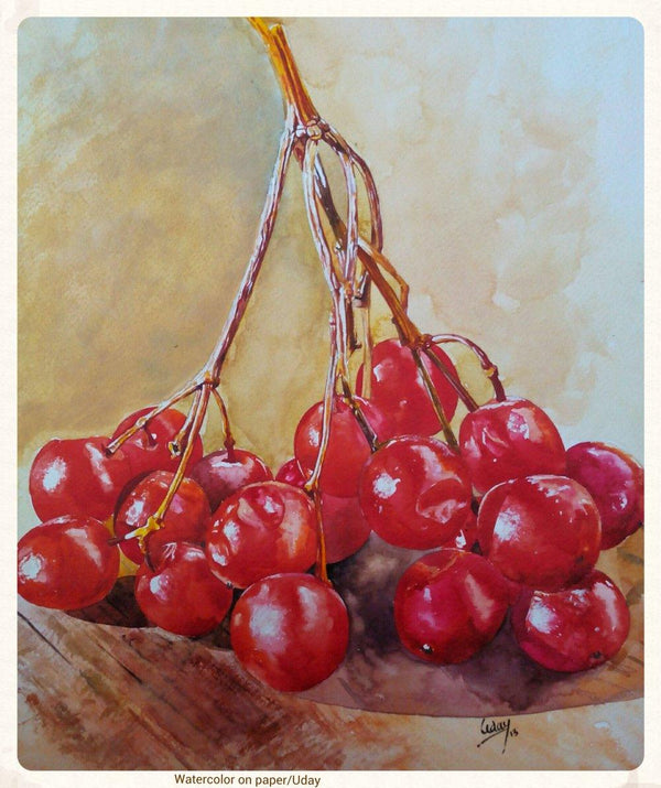 Still-life watercolor painting titled 'Cherry', 16x12 inches, by artist Dr.uday Bhan on Paper