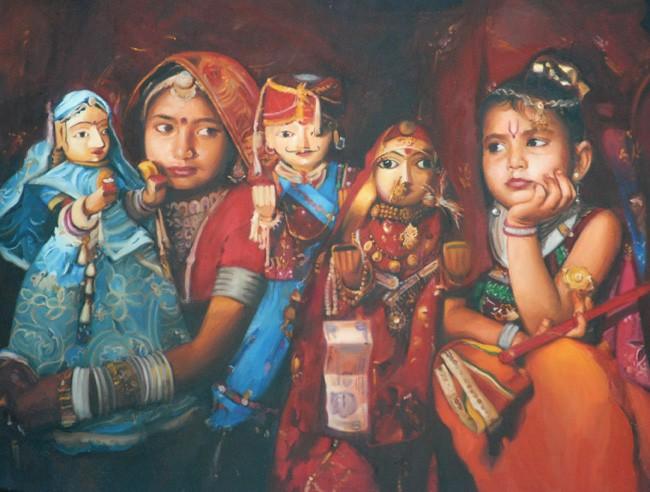 Toys oil painting titled 'Cherubs Of Rajasthan', 29x38 inches, by artist Jinal Gada Gala on Canvas