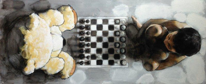 Figurative acrylic painting titled 'Chess', 20x48 inches, by artist Manoj Sakale on Canvas