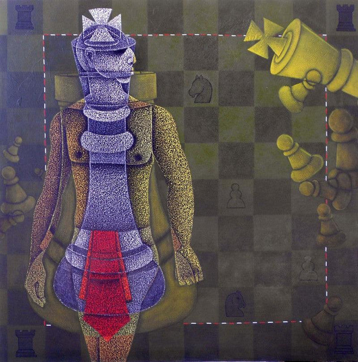 Figurative acrylic painting titled 'Chess King', 60x60 inches, by artist Satyajeet Shinde on Canvas