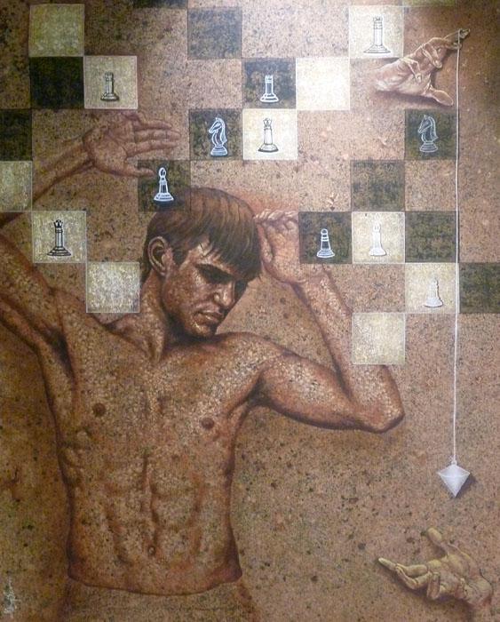 Figurative acrylic painting titled 'Chess Man', 46x36 inches, by artist Manoj Sen on Canvas